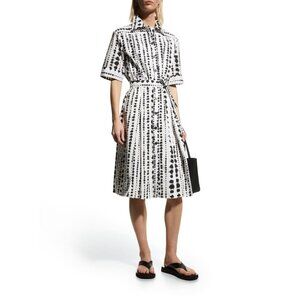Piazza Sempione Dotted Striped Belted Midi Shirt Black‎ White Dress Size 40 US 4